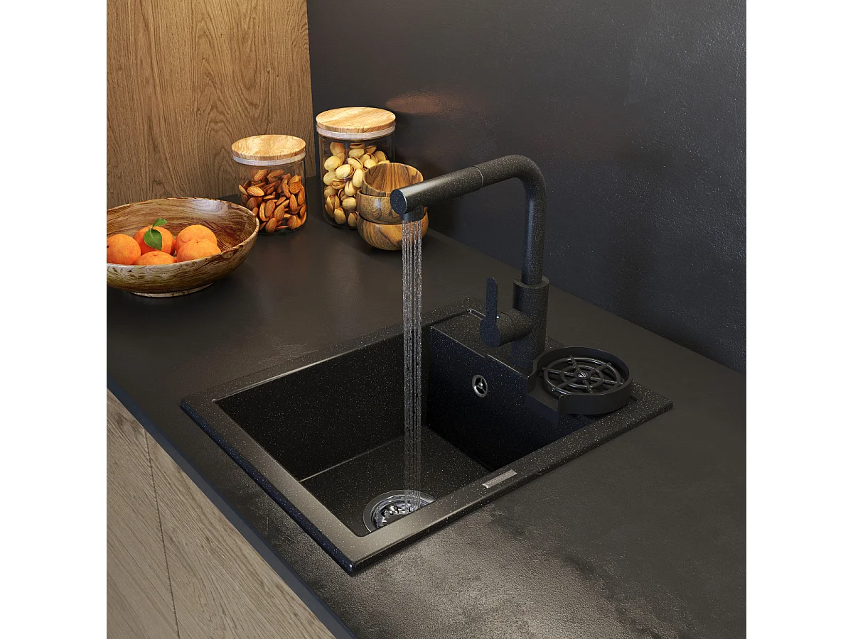 ÉVIER EN GRANIT NOIR ROBINET DE CUISINE LAVEUSE SIPHON SET BEST