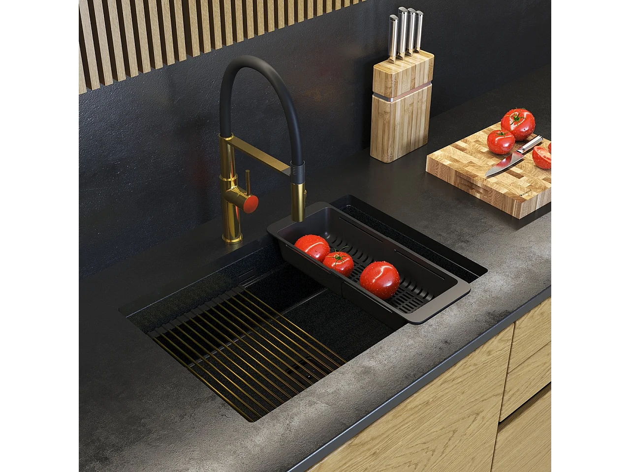 GRANIT ÉVIER SOUS PLAN NOIR OR MITIGEUR SIPHON EPIR 70