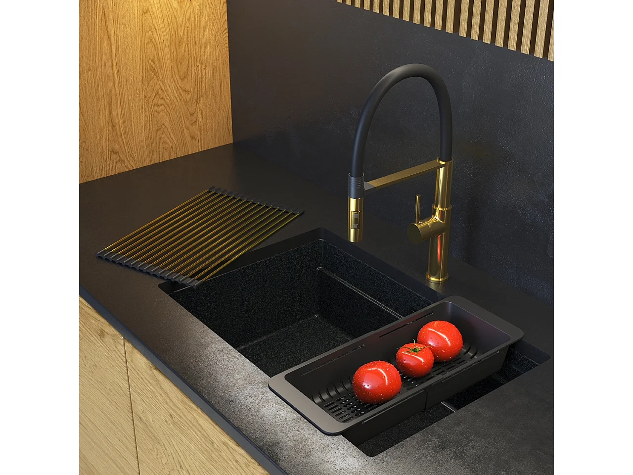 GRANIT ÉVIER SOUS PLAN NOIR OR MITIGEUR SIPHON EPIR 70