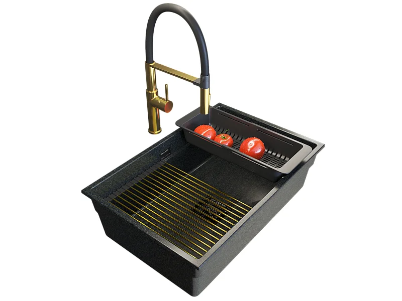 GRANIT ÉVIER SOUS PLAN NOIR OR MITIGEUR SIPHON EPIR 70