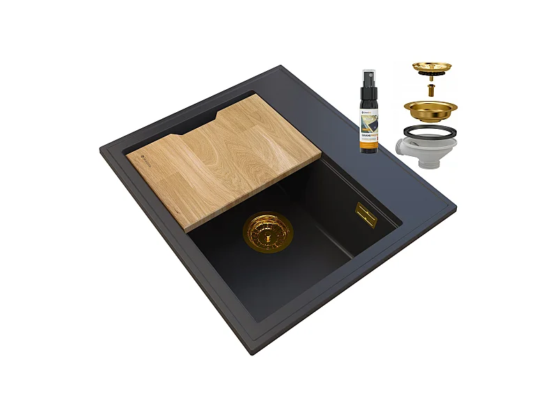 FOXAL ÉVIER EN GRANIT NOIR SIPHON OR