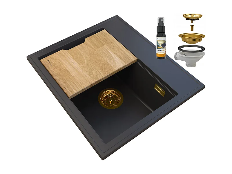 FOXAL ÉVIER EN GRANIT NOIR SIPHON OR