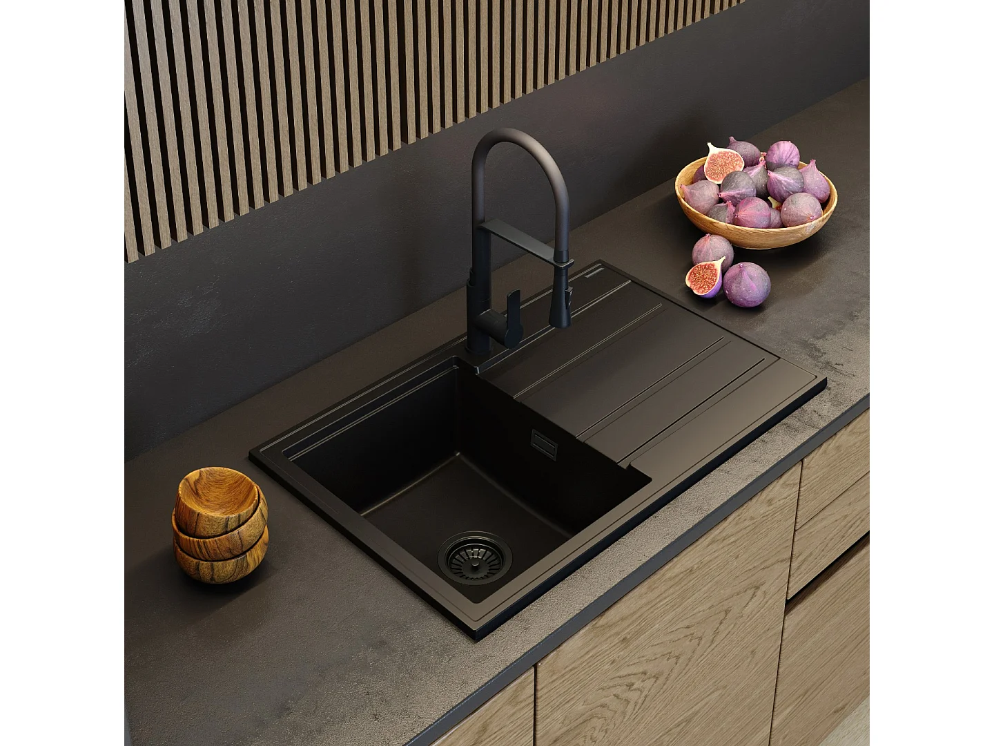 ÉVIER EN GRANIT ÉGOUTTOIR NOIR SIPHON TIMOR