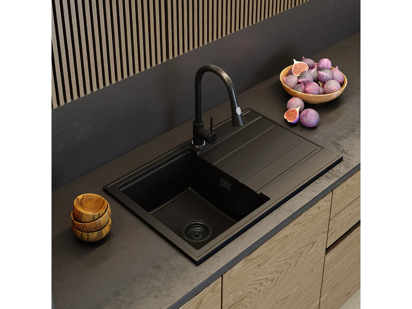 ÉVIER EN GRANIT ÉGOUTTOIR NOIR SIPHON TIMOR