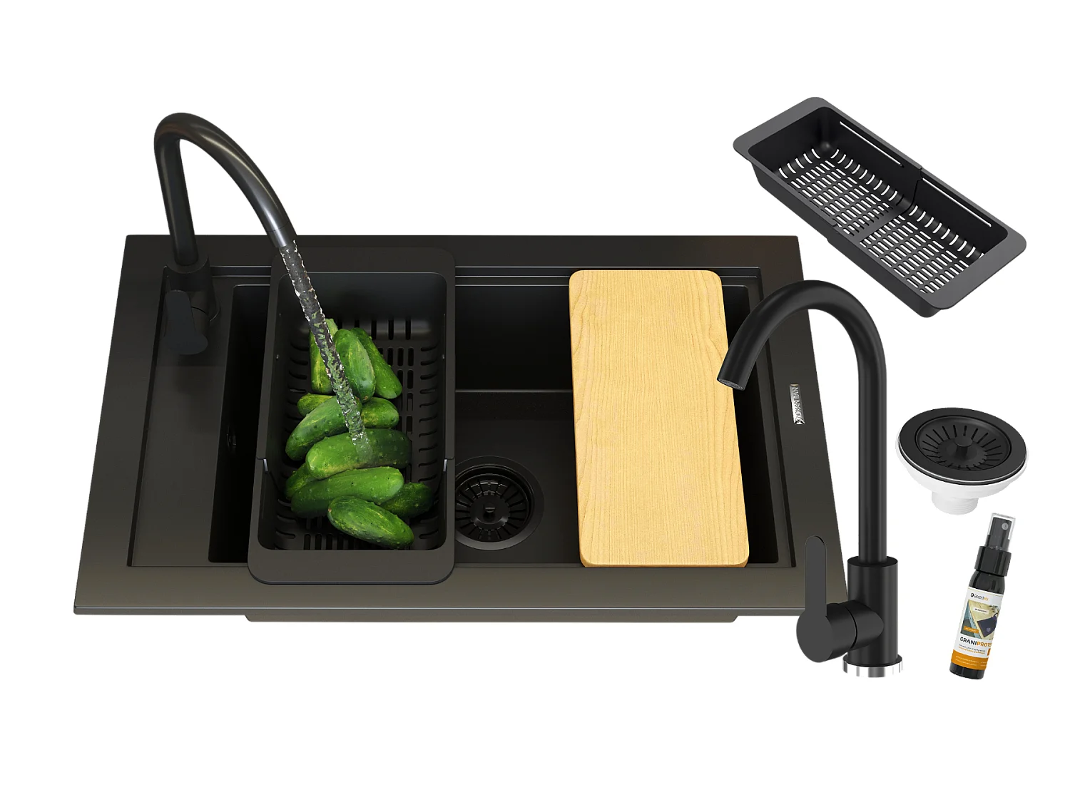 ÉVIER MONOCUVE MITIGEUR NOIR PANIER SIPHON PANAMA BOARD
