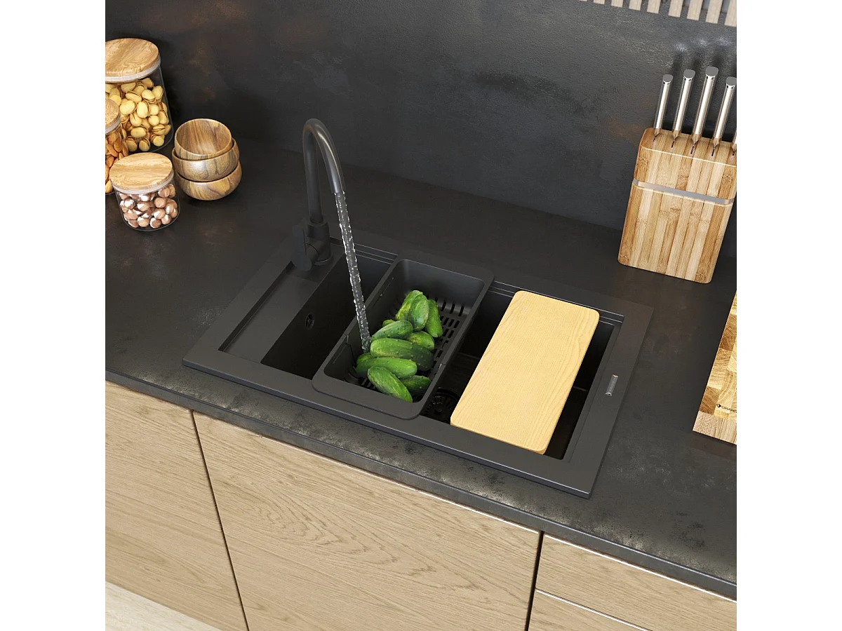 ÉVIER MONOCUVE MITIGEUR NOIR PANIER SIPHON PANAMA BOARD