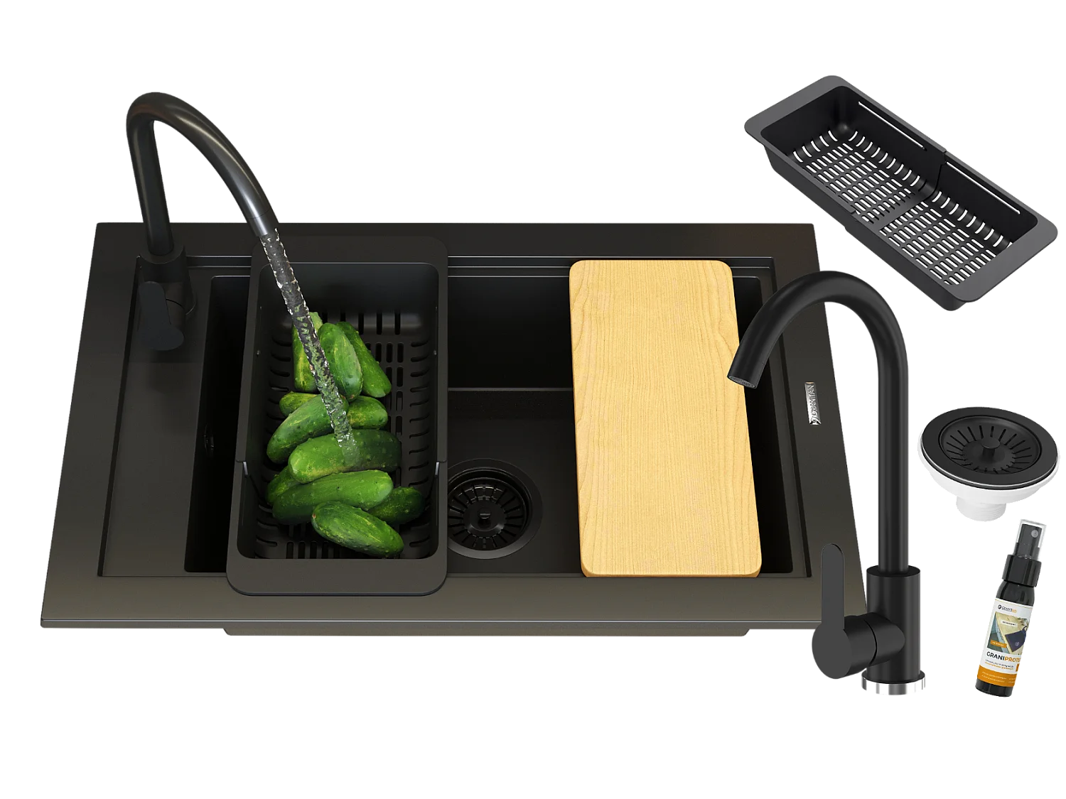 ÉVIER MONOCUVE MITIGEUR NOIR PANIER SIPHON PANAMA BOARD