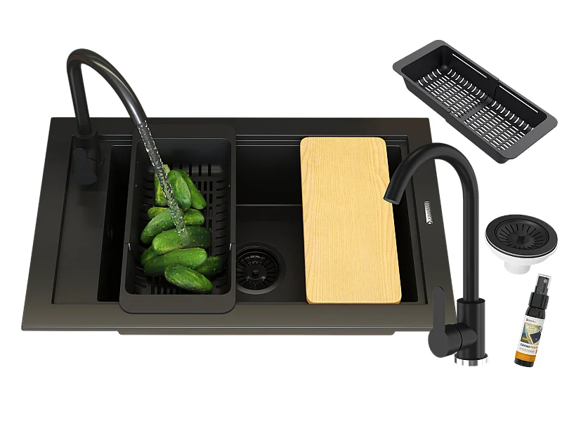 ÉVIER MONOCUVE MITIGEUR NOIR PANIER SIPHON PANAMA BOARD