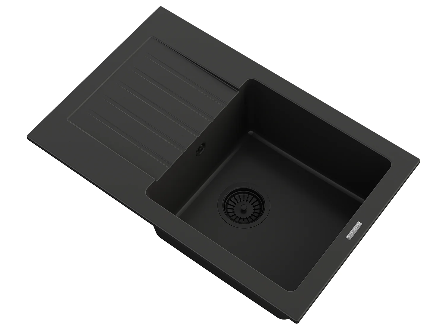 ÉVIER PROSOTANGULAIRE À UN BAC EN GRANIT AVEC GRAND ÉGOUTTOIR SIPHON NOIR MINO