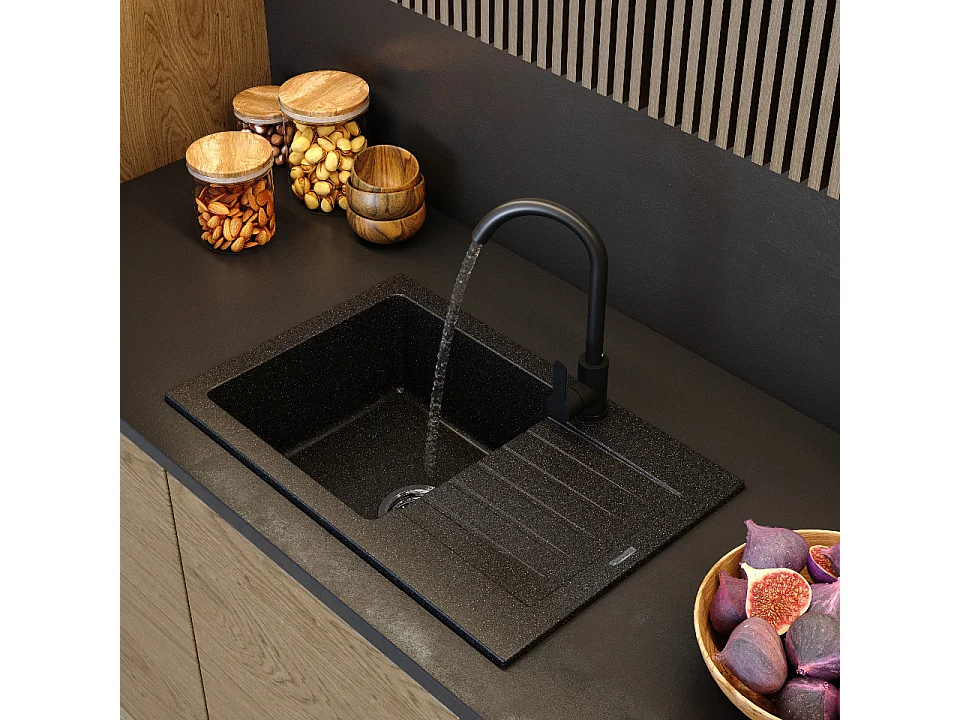 ÉVIER PROSOTANGULAIRE À UN BAC EN GRANIT AVEC GRAND ÉGOUTTOIR SIPHON NOIR MINO