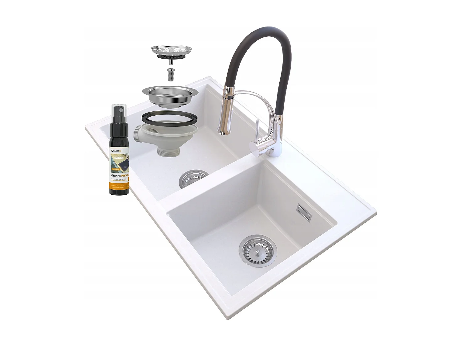 ÉVIER EN GRANIT BLANC HECTOR SIPHON ROBINET CHROME