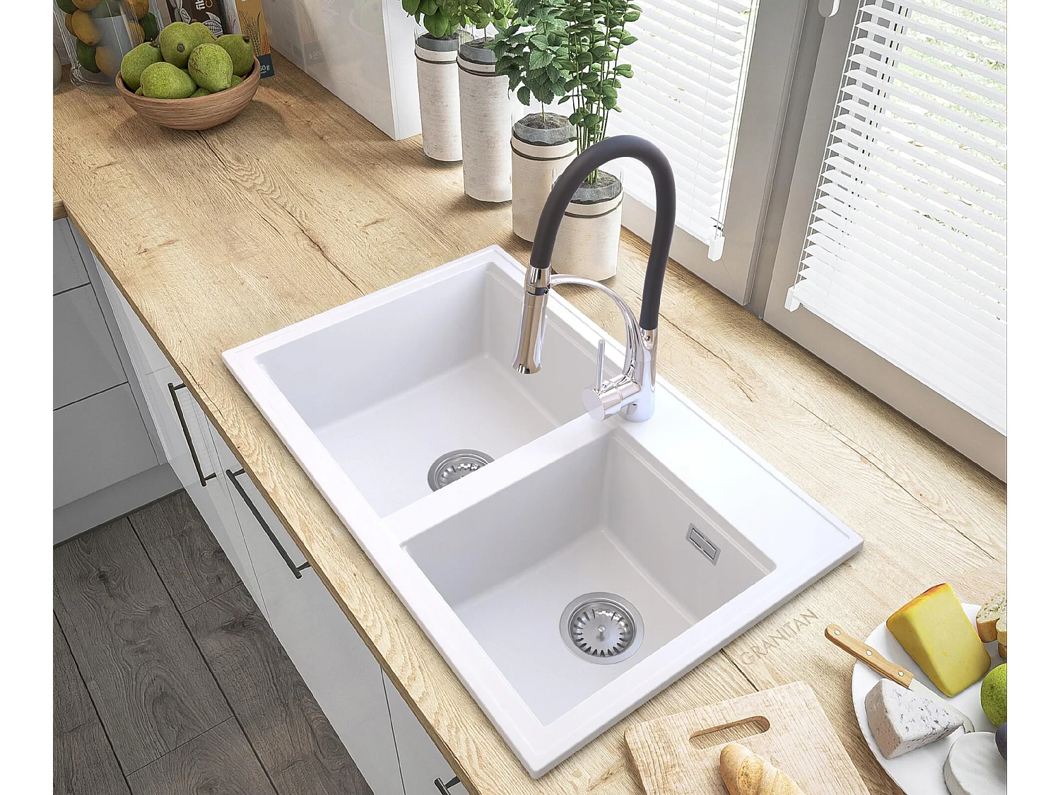 ÉVIER EN GRANIT BLANC HECTOR SIPHON ROBINET CHROME