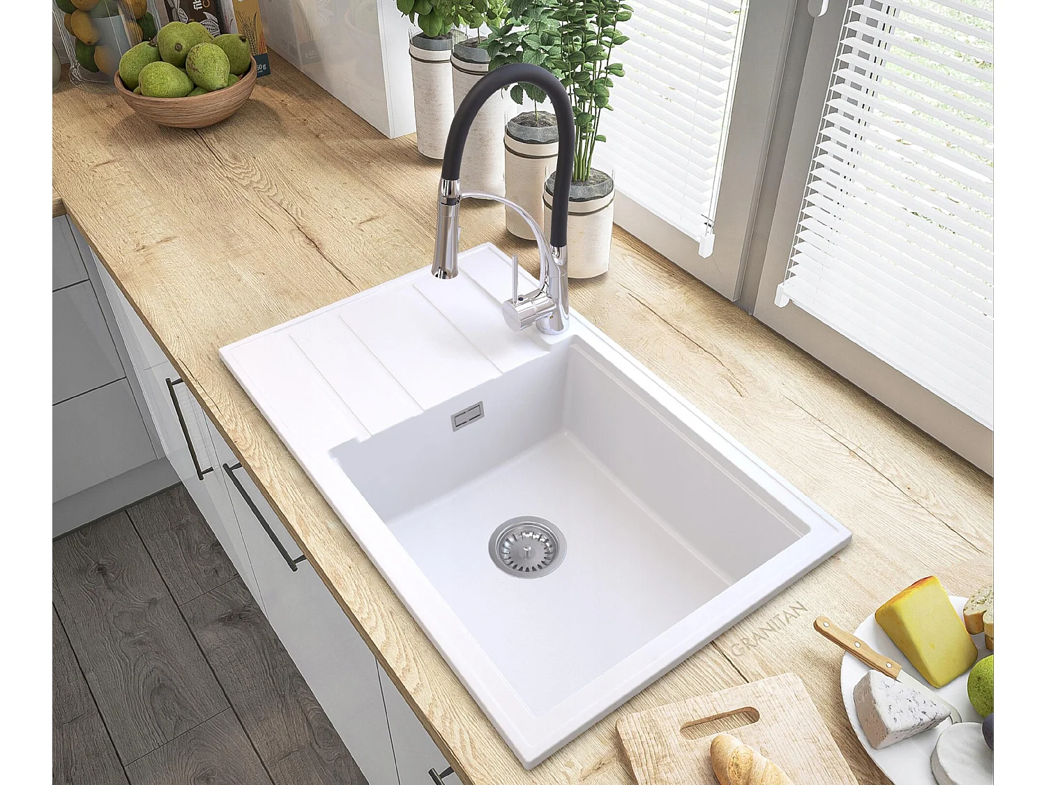 ÉVIER GRANIT BLANC LOUIS SIPHON BAT NEXO CHROME