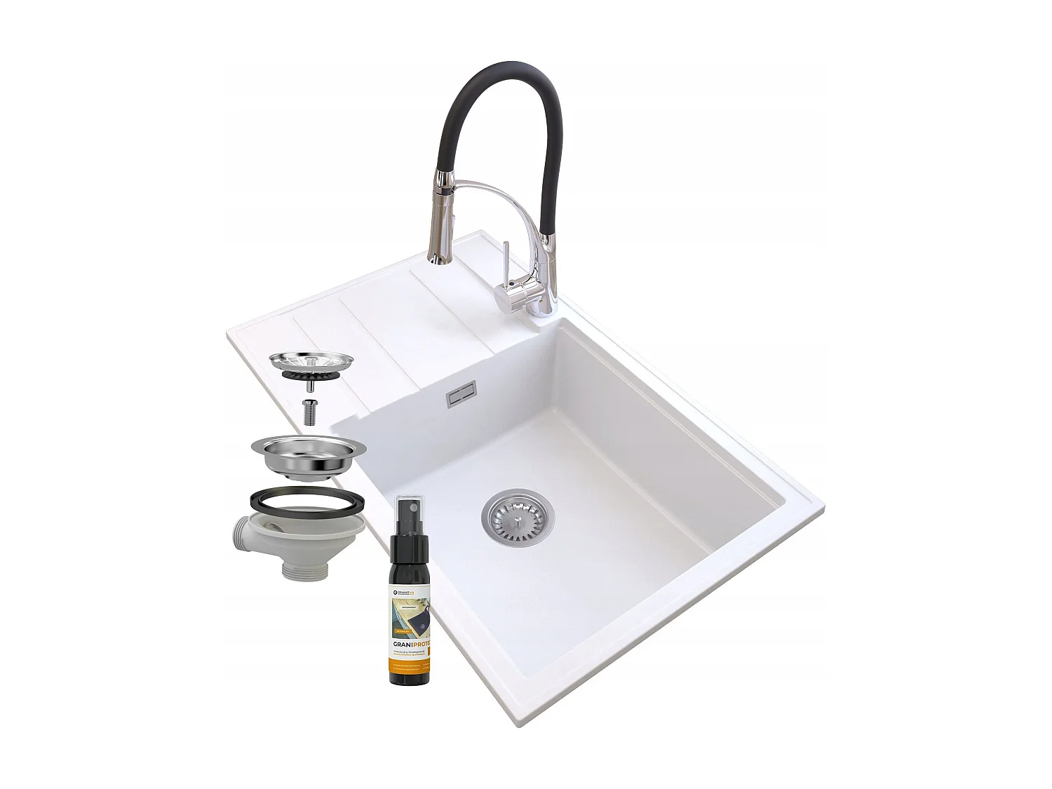 ÉVIER GRANIT BLANC LOUIS SIPHON BAT NEXO CHROME