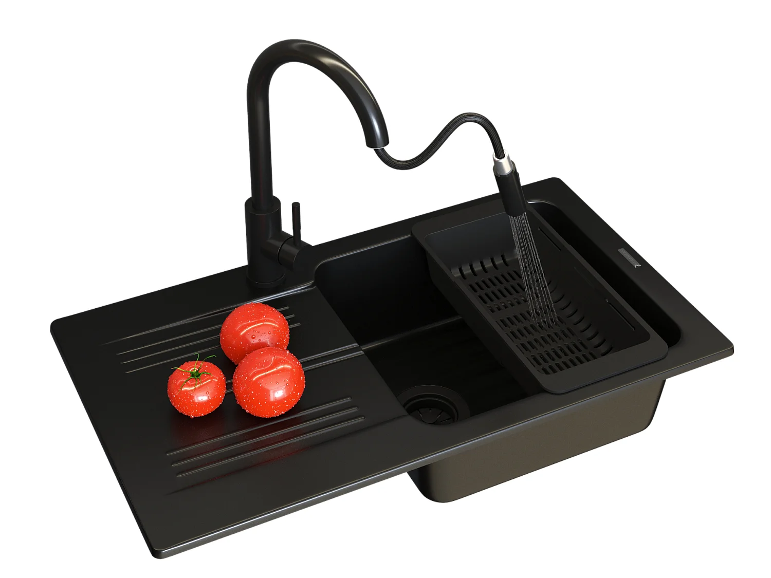 ÉVIER EN GRANIT ADA CUVE UNIQUE ROBINET NOIR PANIER SIPHON LOSETO