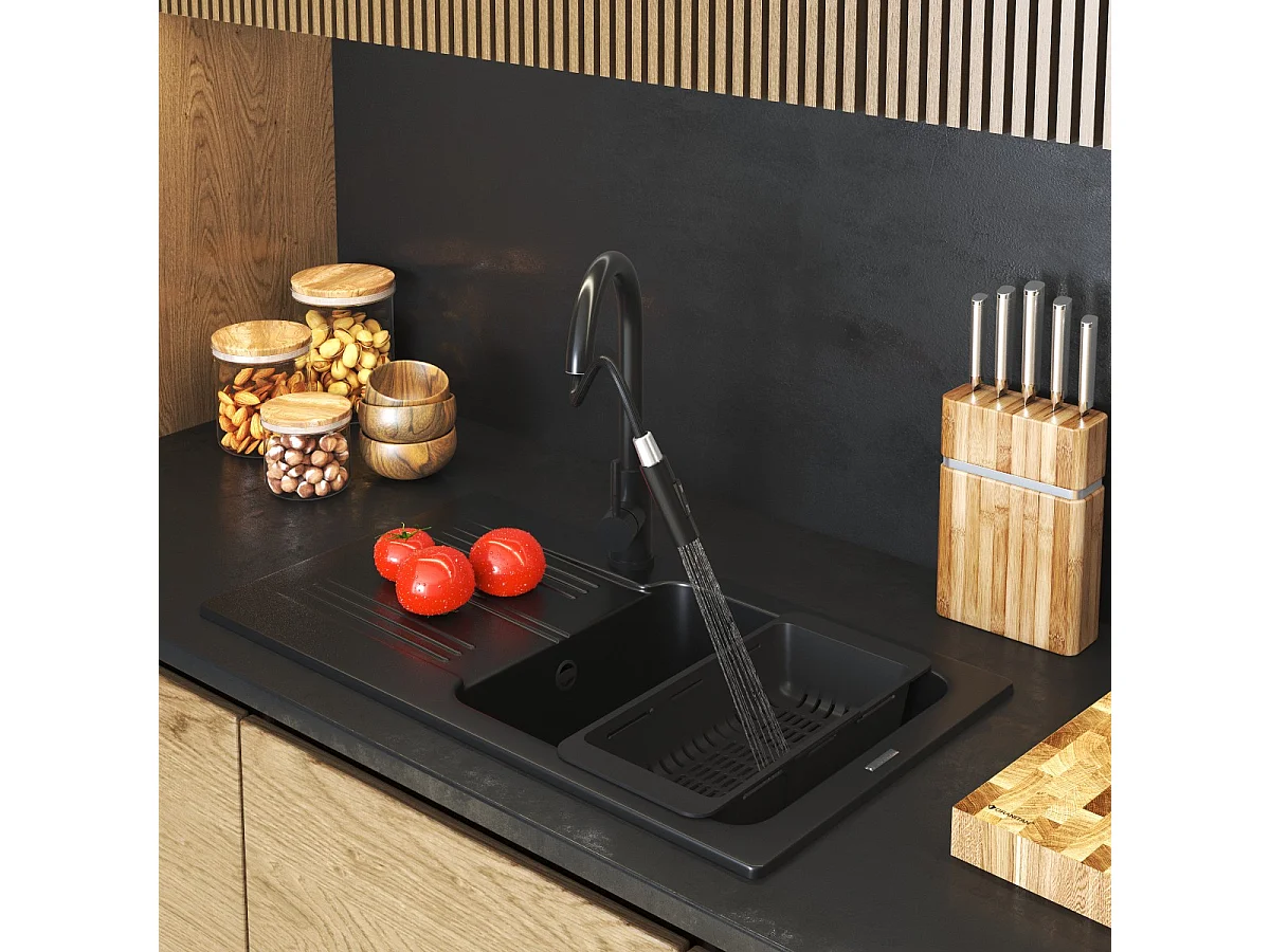 ÉVIER EN GRANIT ADA CUVE UNIQUE ROBINET NOIR PANIER SIPHON LOSETO