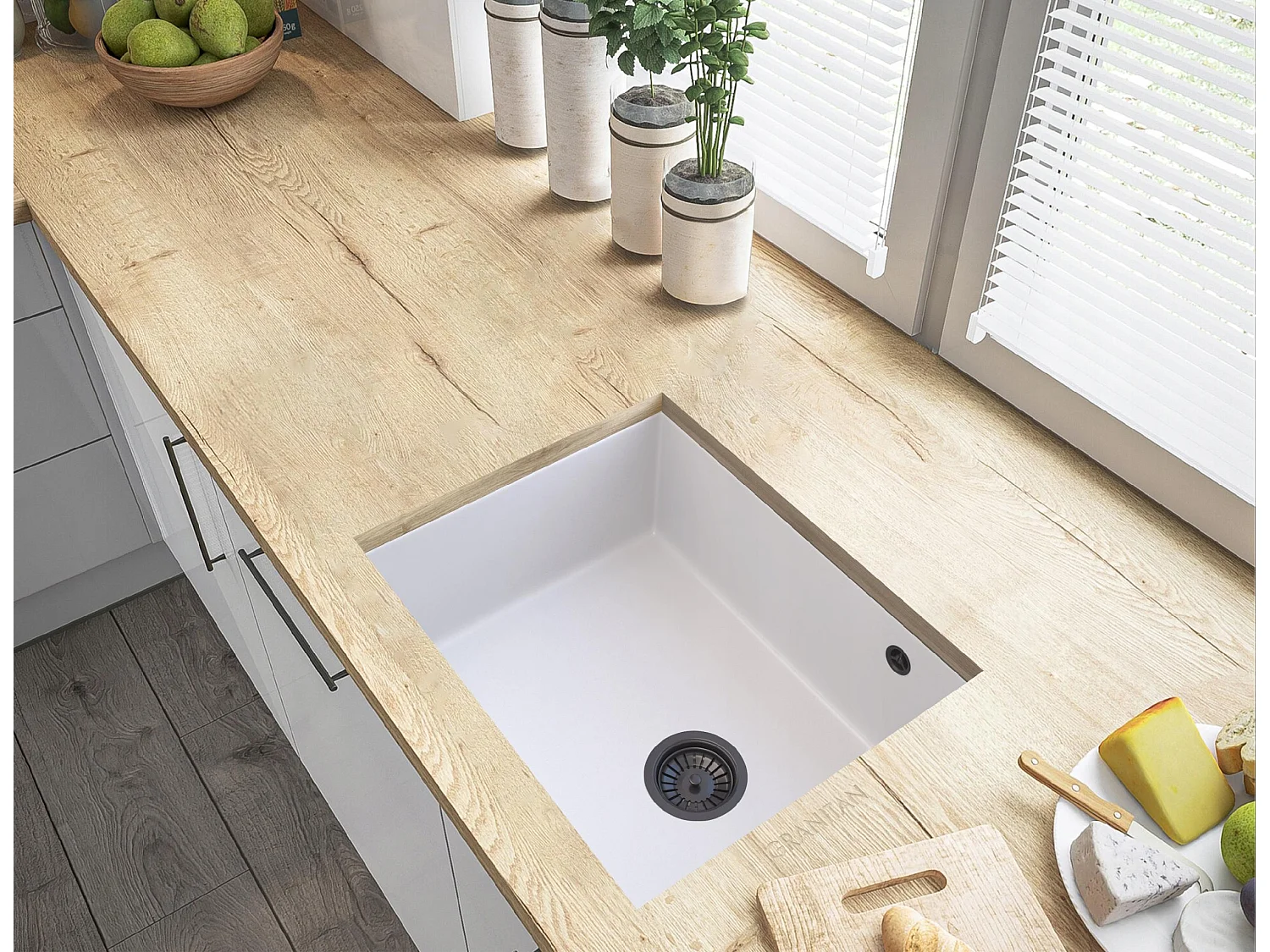 Évier encastré blanc SALIX avec siphon noir