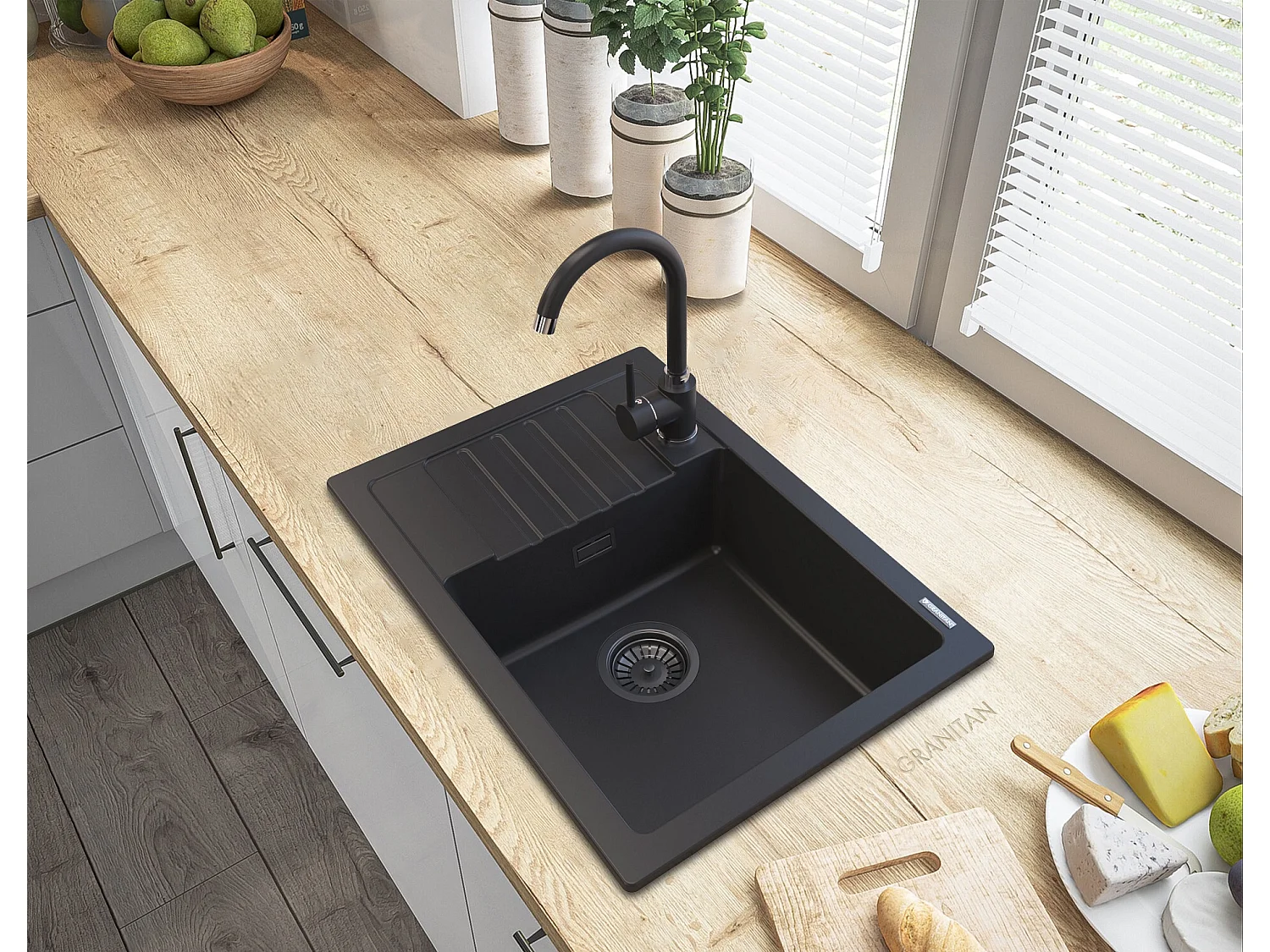 ÉVIER GRANIT NOIR ARGOS + MITIGEUR BETA + SIPHON