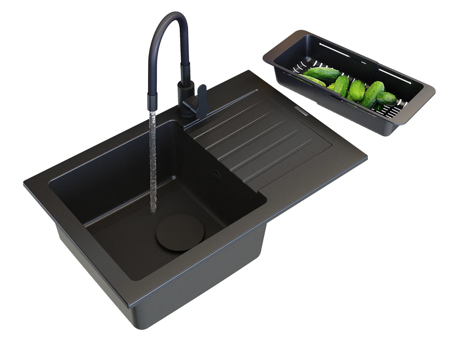 ÉVIER GRANIT NOIR CUISINE MITIGEUR PANIER CAPUCHON SET MINO