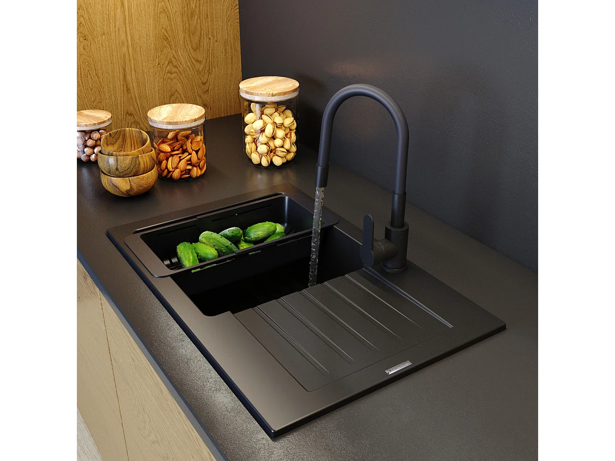 ÉVIER GRANIT NOIR CUISINE MITIGEUR PANIER CAPUCHON SET MINO