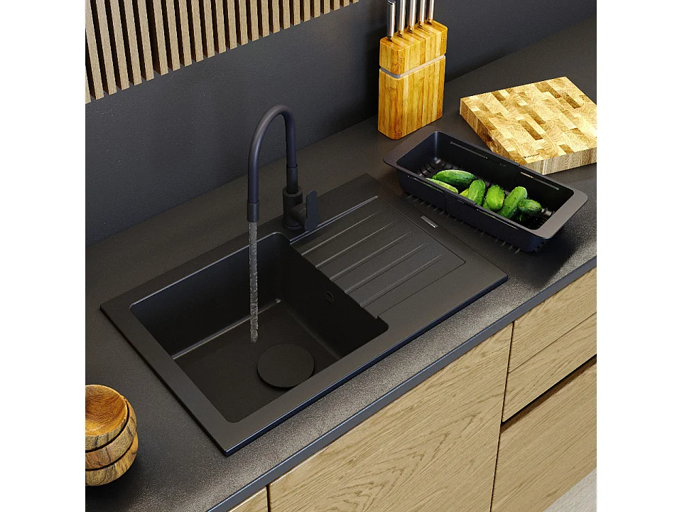 ÉVIER GRANIT NOIR CUISINE MITIGEUR PANIER CAPUCHON SET MINO