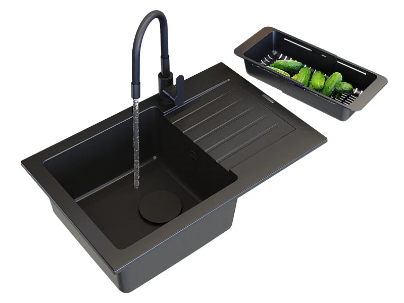 ÉVIER GRANIT NOIR CUISINE MITIGEUR PANIER CAPUCHON SET MINO