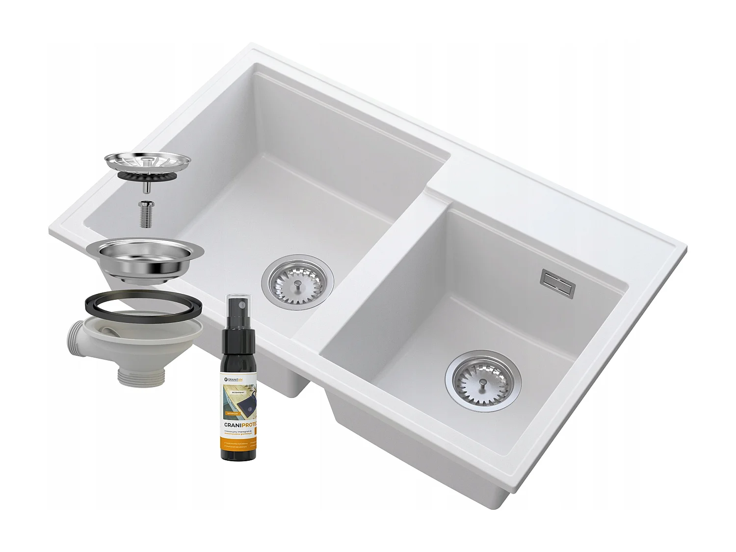 ÉVIER DOUBLE BAC GRANIT BLANC SIPHON CHROME HECTOR