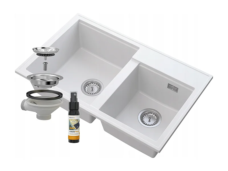 ÉVIER DOUBLE BAC GRANIT BLANC SIPHON CHROME HECTOR