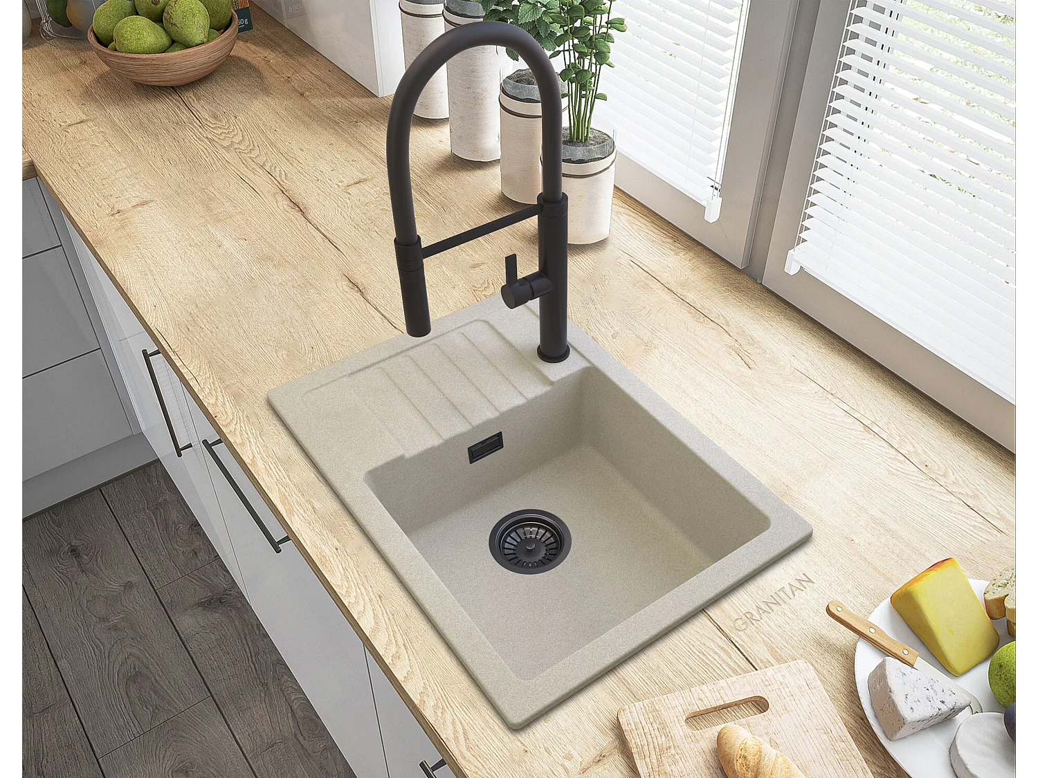 ÉVIER EN GRANIT BEIGE ARGOS + SIPHON CARRÉ NOIR