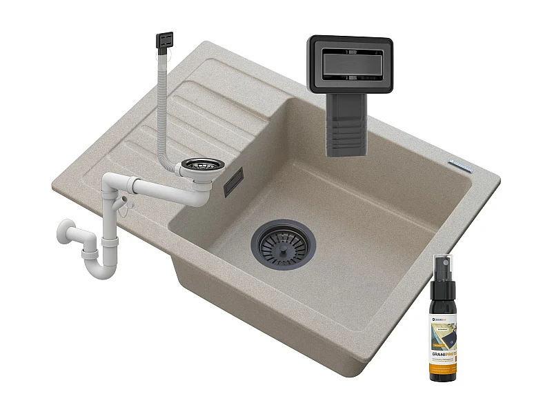 ÉVIER EN GRANIT BEIGE ARGOS + SIPHON CARRÉ NOIR