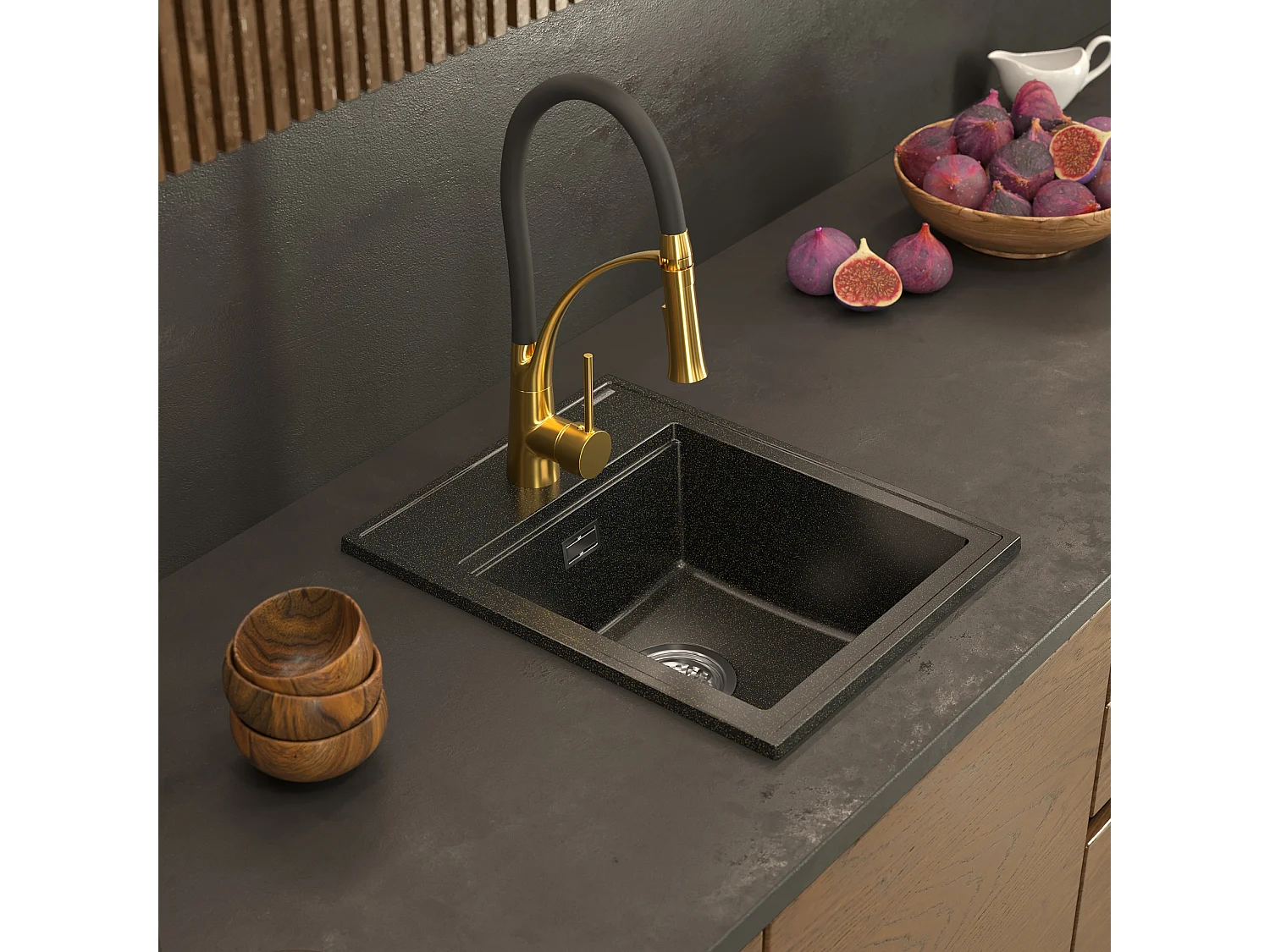 ÉVIER EN GRANIT NOIR MOUCHETÉ D'OR ROBINETTERIE ALOR
