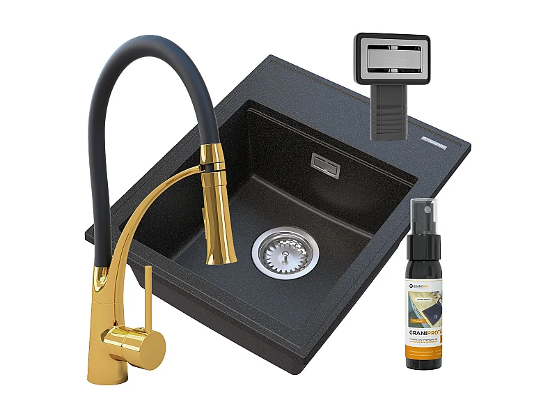 ÉVIER EN GRANIT NOIR MOUCHETÉ D'OR ROBINETTERIE ALOR
