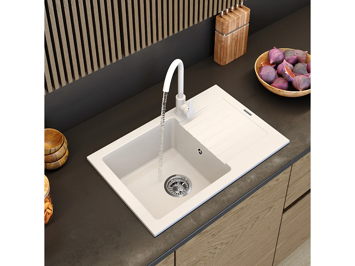 ÉVIER PROSOTANGULAIRE À UN BAC EN GRANIT GRAND ÉGOUTTOIR SIPHON CHROME MINO