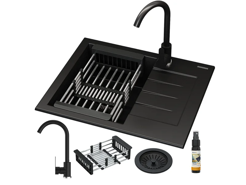 GRANIT ÉVIER NOIR ENSEMBLE ROBINET ÉGOUTTOIR MILANO