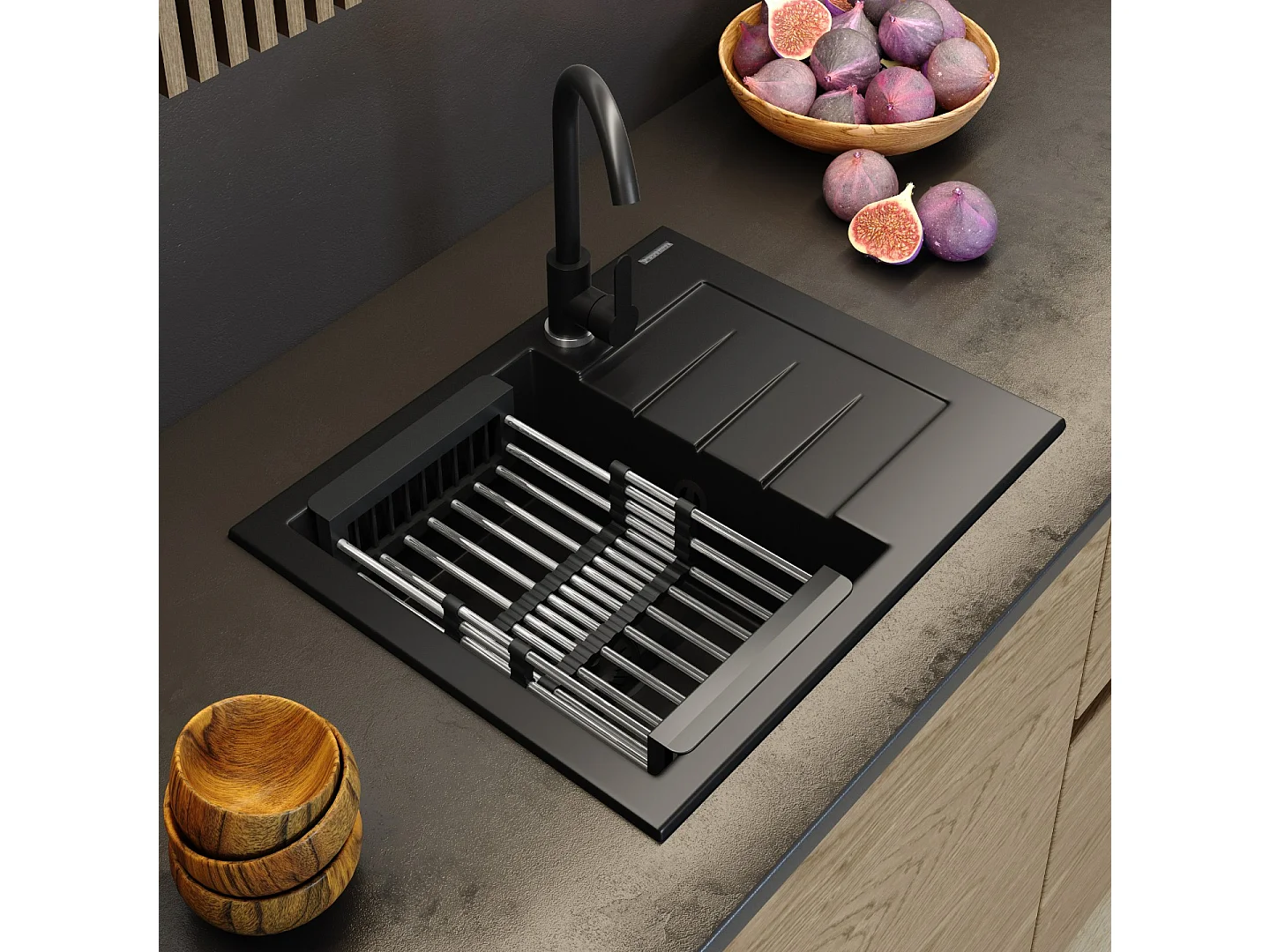 GRANIT ÉVIER NOIR ENSEMBLE ROBINET ÉGOUTTOIR MILANO