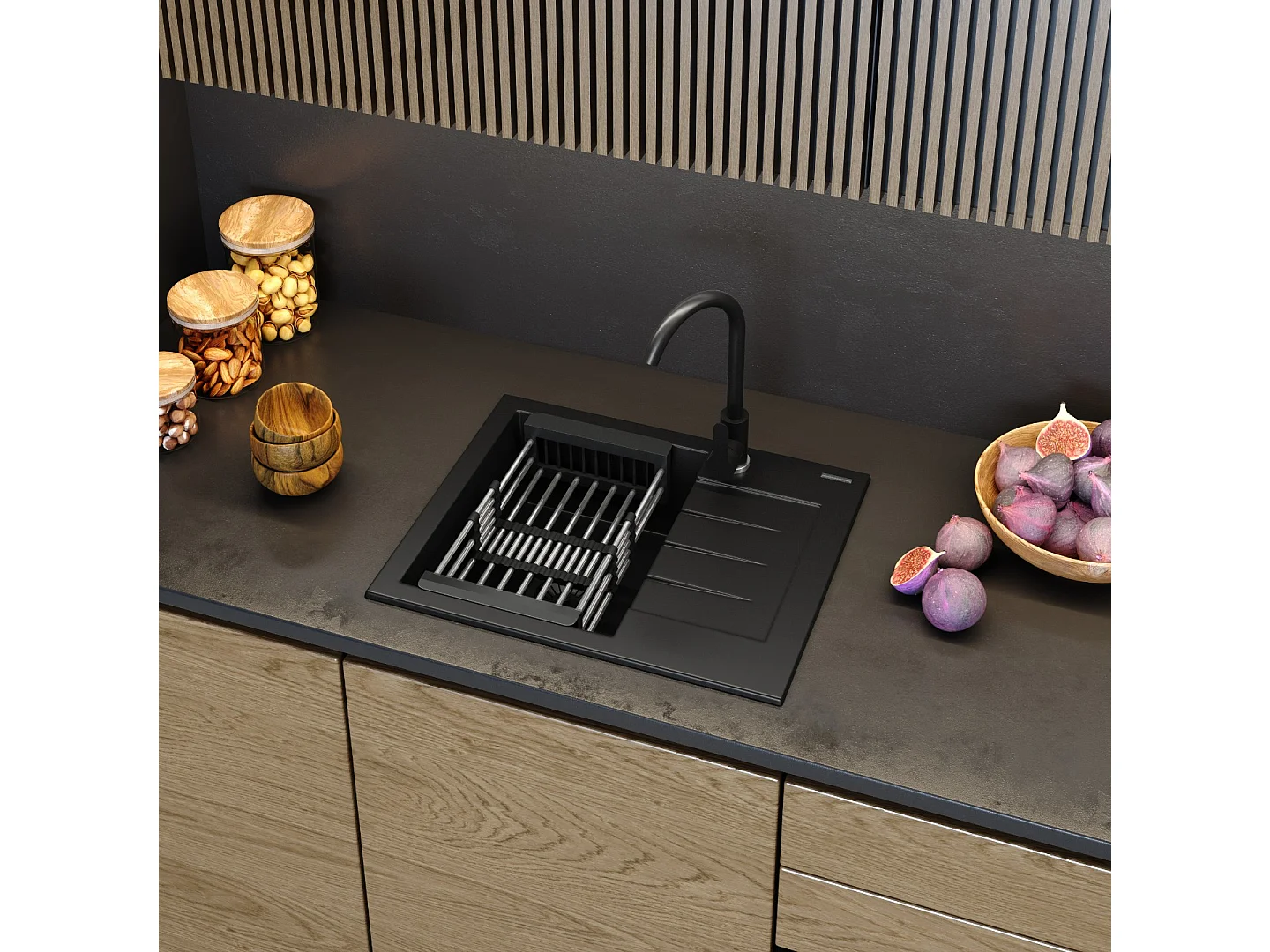 GRANIT ÉVIER NOIR ENSEMBLE ROBINET ÉGOUTTOIR MILANO