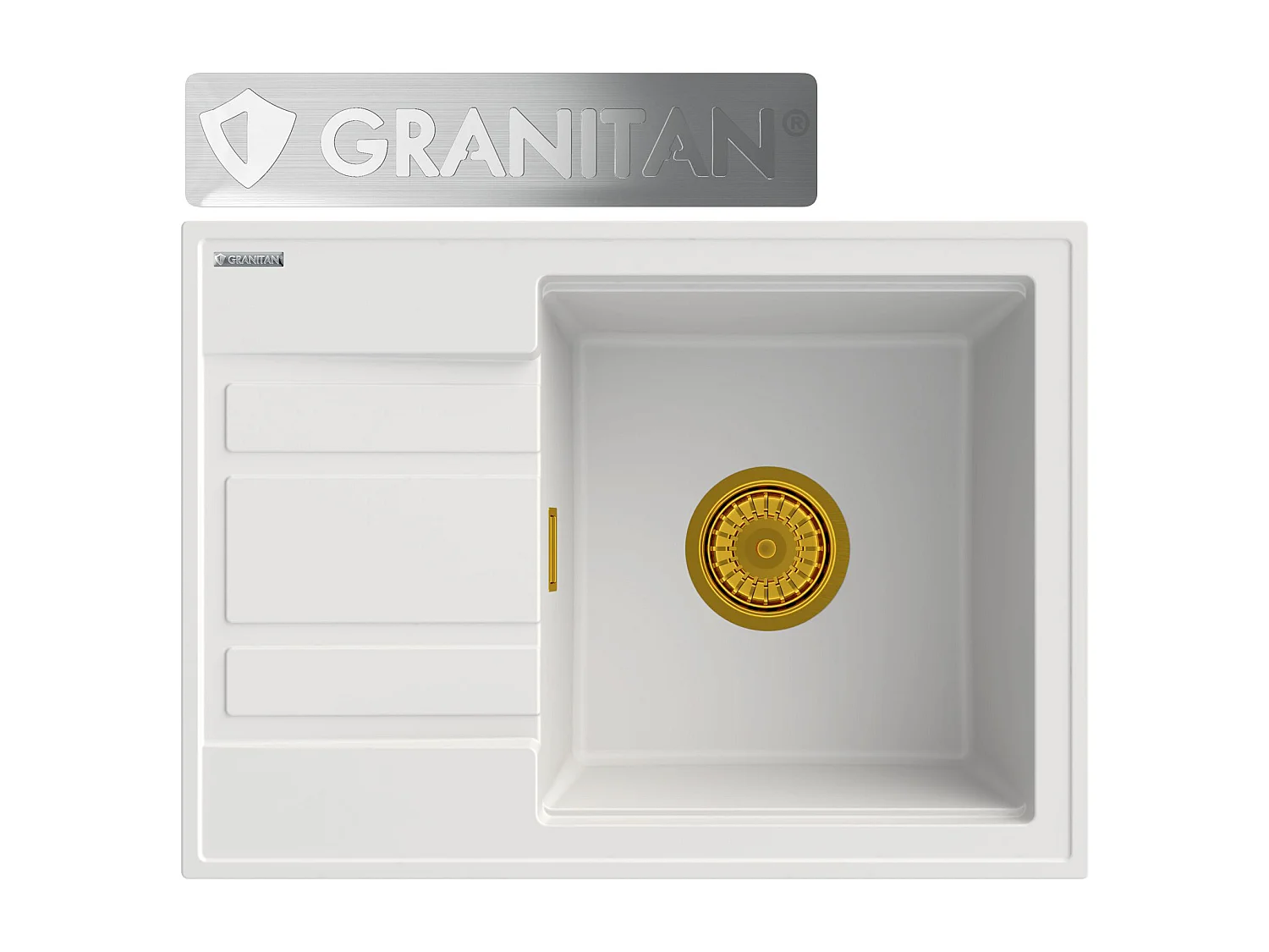 ÉVIER EN GRANIT ÉGOUTTOIR BLANC + SIPHON OR MOUILLEUR