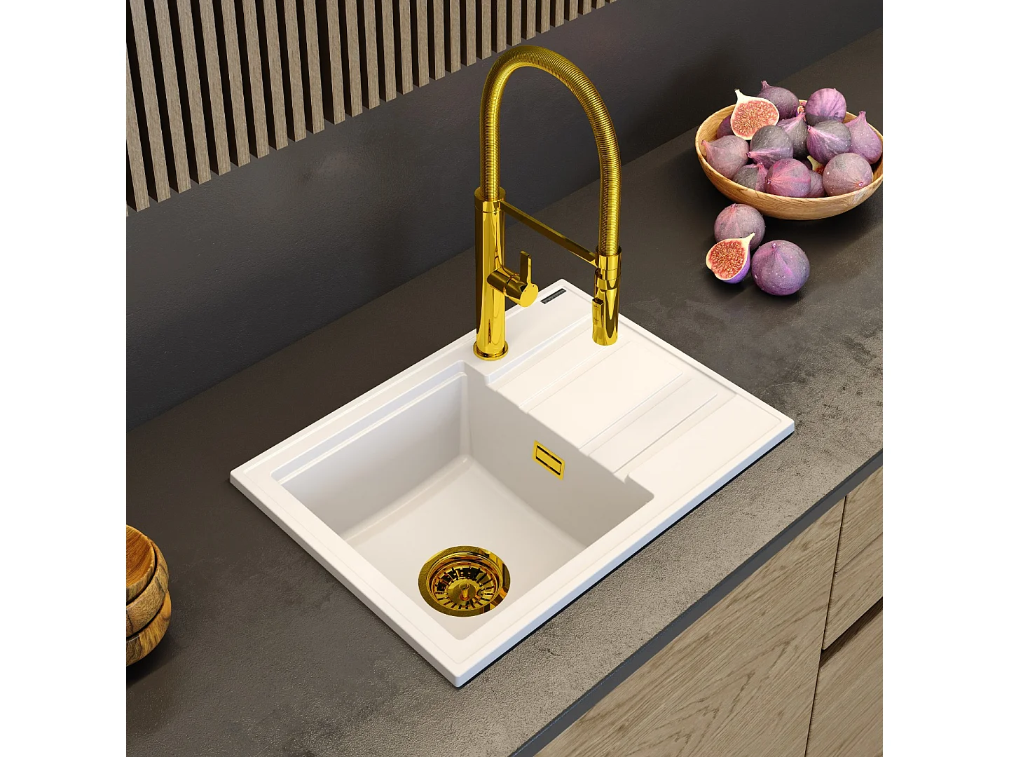 ÉVIER EN GRANIT ÉGOUTTOIR BLANC + SIPHON OR MOUILLEUR