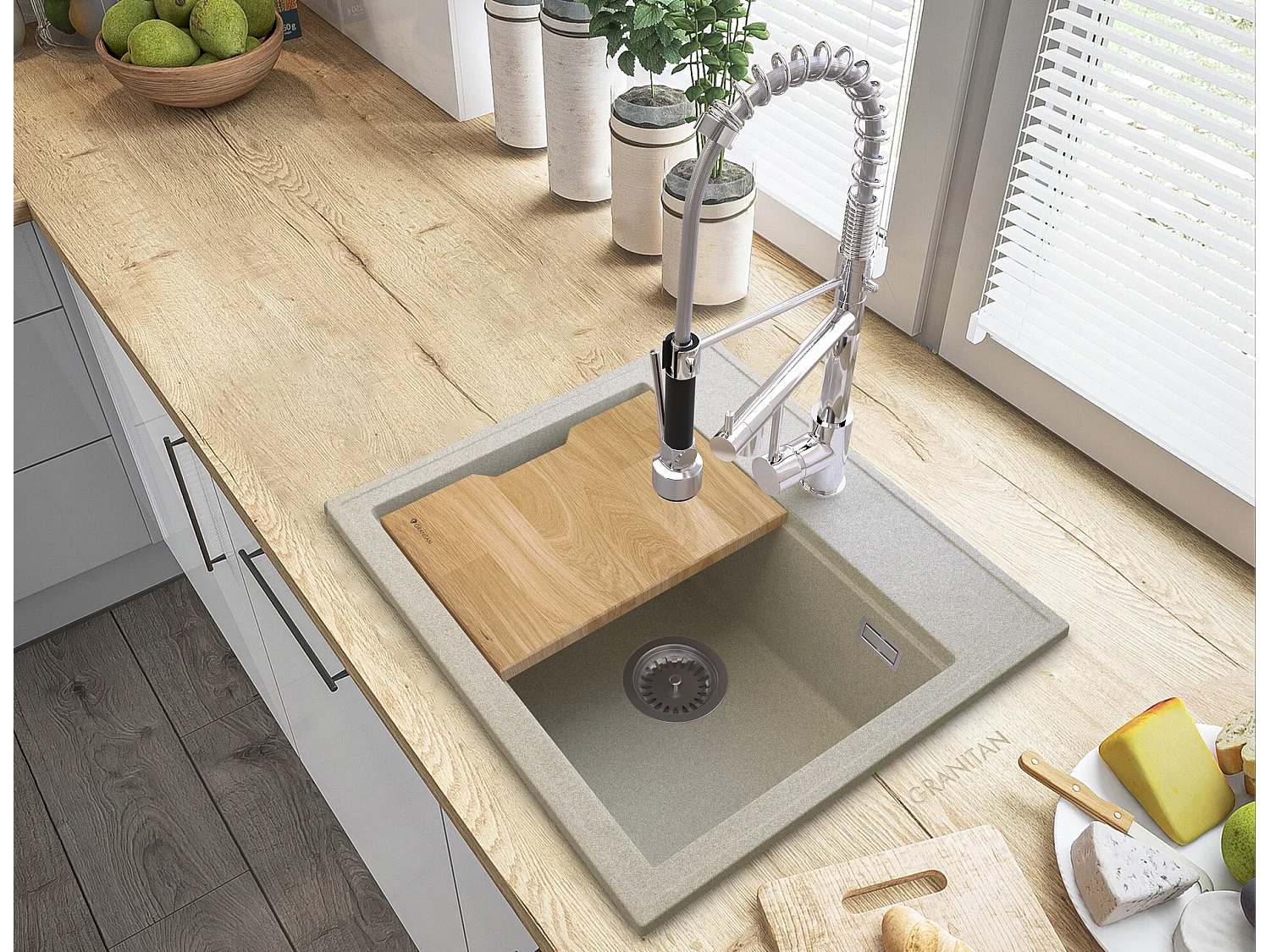 FOXAL ÉVIER GRANIT BEIGE +SPIRAL DUO MITIGEUR CHROMÉ