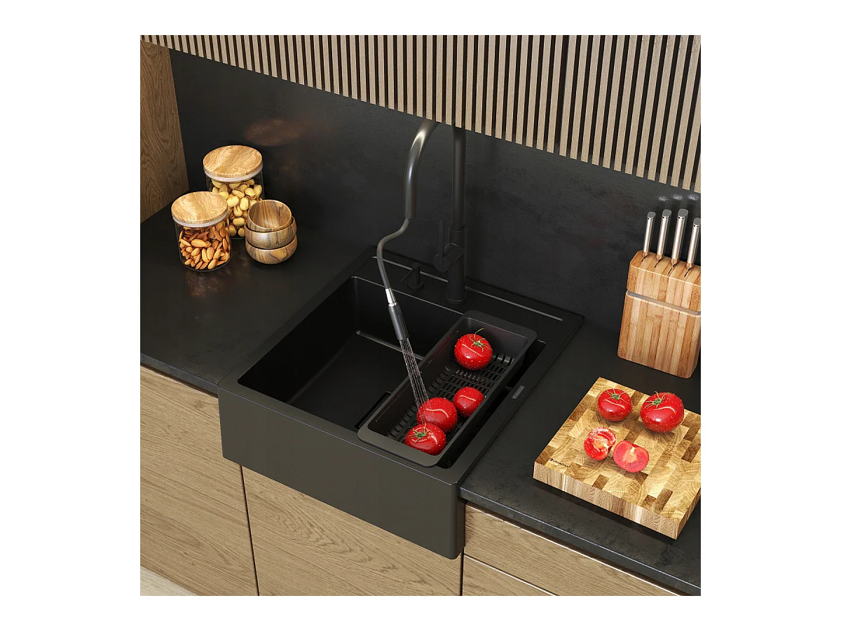 ÉVIER EN GRANIT À UN BAC SCANDINAVE FERMIER NOIR SIPHON TAVO