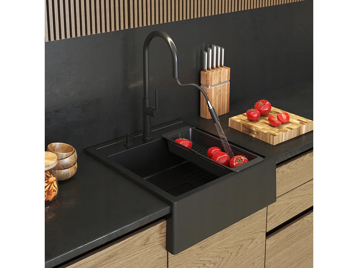 ÉVIER EN GRANIT À UN BAC SCANDINAVE FERMIER NOIR SIPHON TAVO