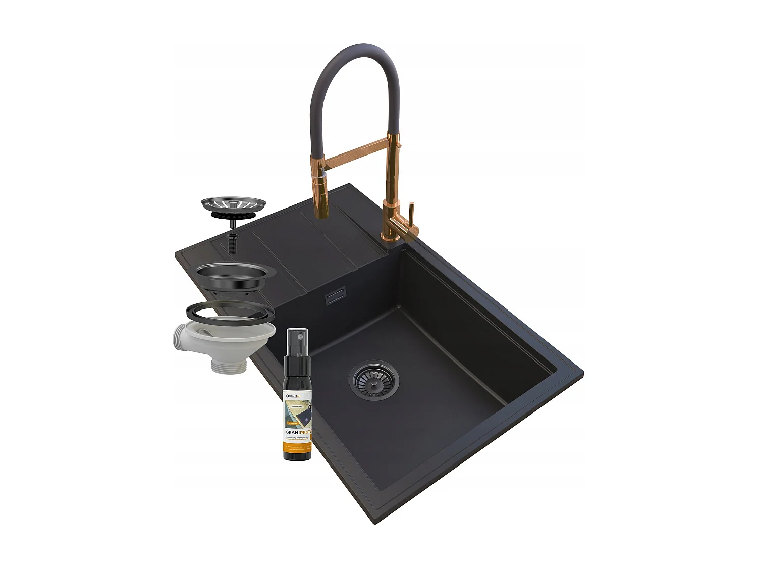 ÉVIER EN GRANIT NOIR ROBINET SIPHON LOUIS ROSEGOLD