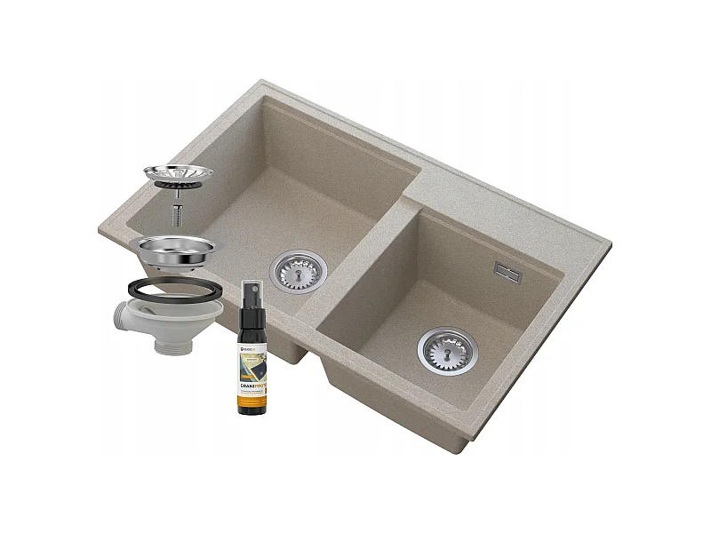 ÉVIER DOUBLE BAC GRANITE BEIGE SIPHON CHROME HECTOR