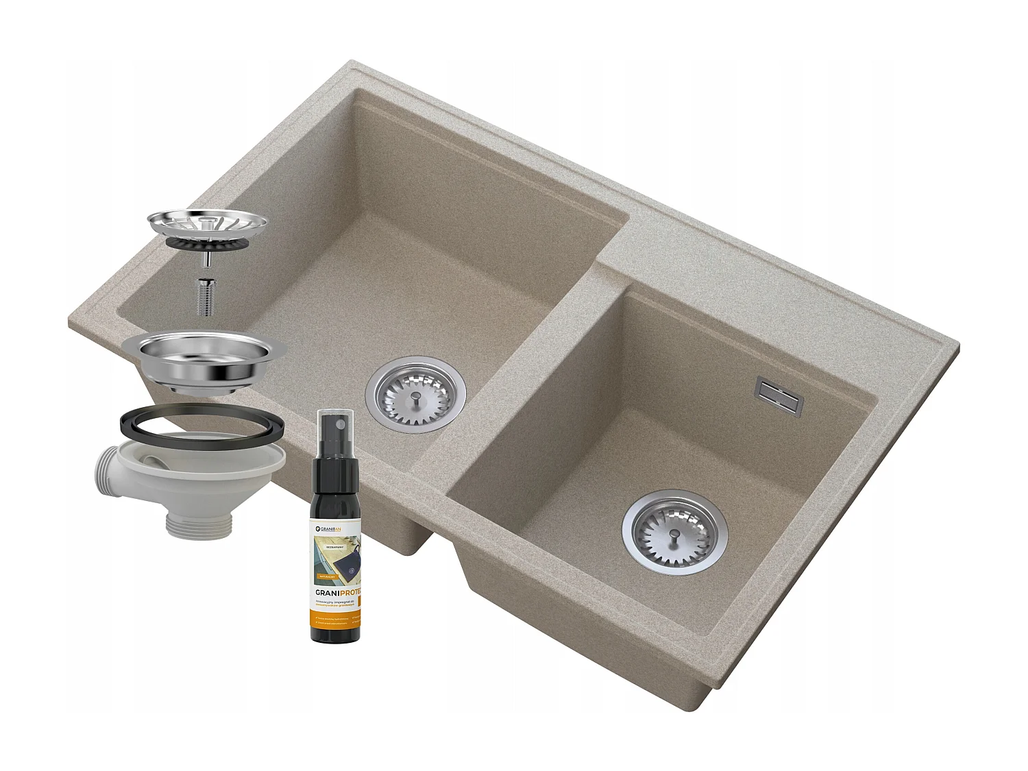 ÉVIER DOUBLE BAC GRANITE BEIGE SIPHON CHROME HECTOR