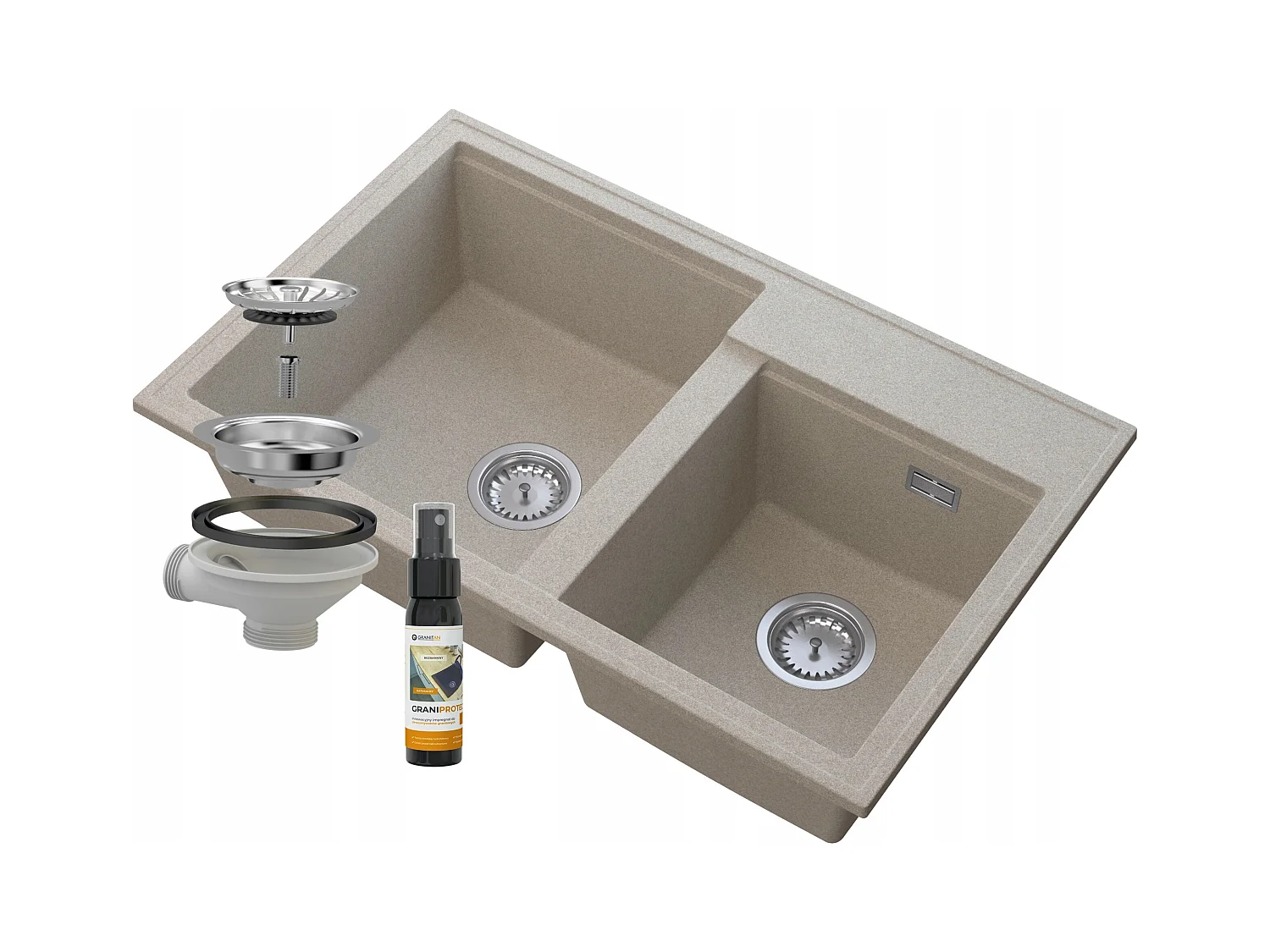 ÉVIER DOUBLE BAC GRANITE BEIGE SIPHON CHROME HECTOR