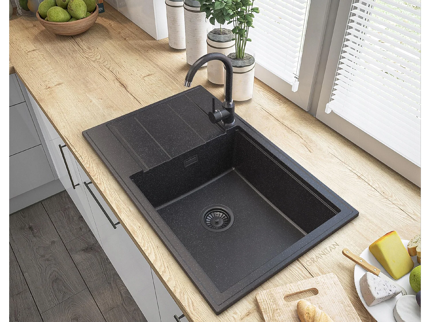 LOUIS GRANITE ÉVIER SIPHON NOIR MITIGEUR