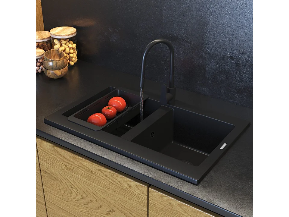 ÉVIER DE CUISINE EN GRANIT NOIR VERSO MITIGEUR PANIER SIPHON