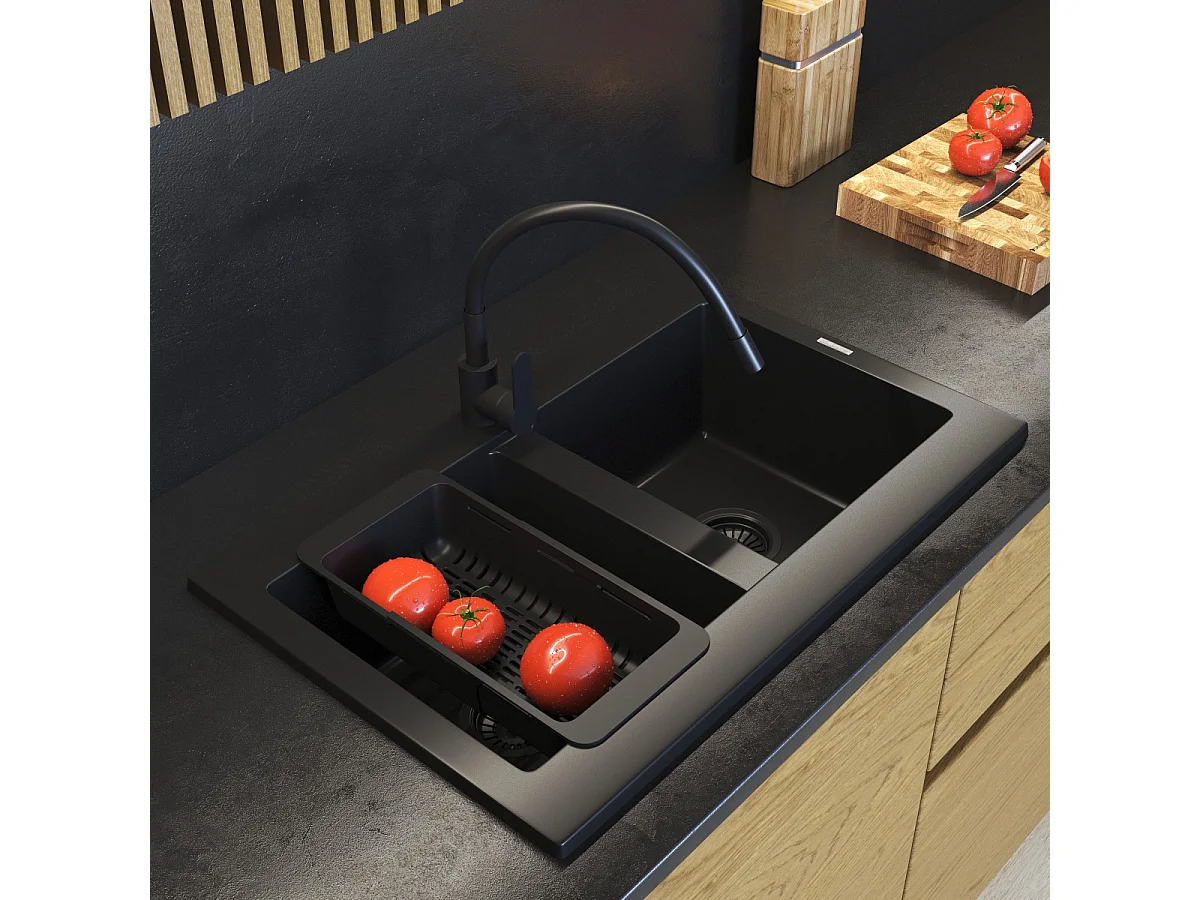 ÉVIER DE CUISINE EN GRANIT NOIR VERSO MITIGEUR PANIER SIPHON