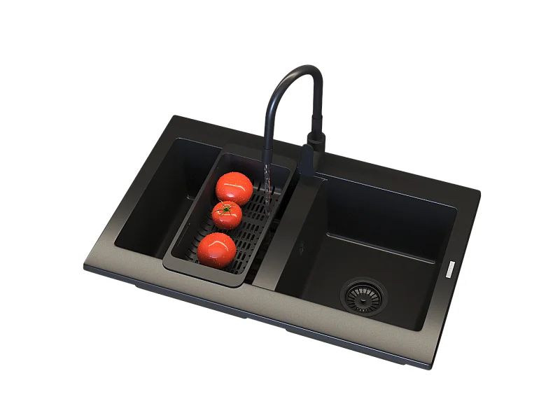 ÉVIER DE CUISINE EN GRANIT NOIR VERSO MITIGEUR PANIER SIPHON