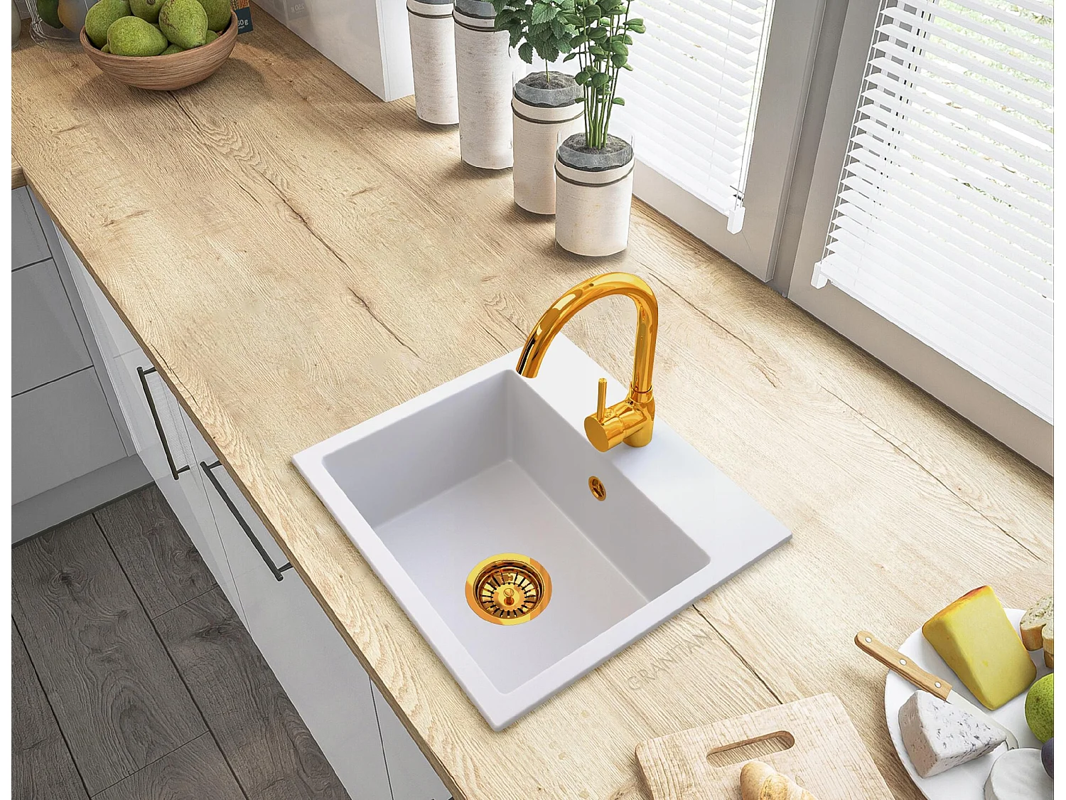 ÉVIER DE CUISINE EN GRANIT MINI-MÉLANGEUR OR